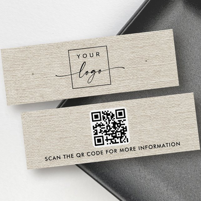 Logo en lin clair QR carte d'affichage d'oreille é (Light tan linen logo QR stud earring display card)