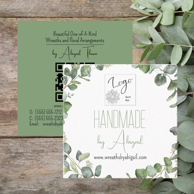 Logo Eucalyptus Handmade Handcrafted QR Code Square Business Card (Logo Sage Green Eucalyptus Handmade | Handcrafted QR Code Square Business Card)