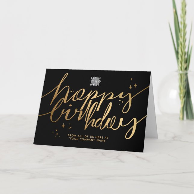 Logo Faux Gold Hand Script Birthday Black Card (Front)