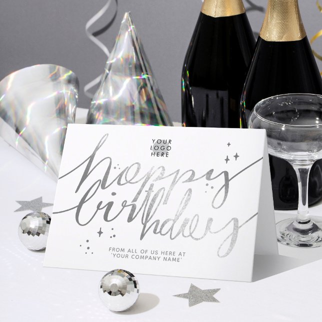 Logo Faux Silver Hand Script Clean White Birthday Card (Creator Uploaded)