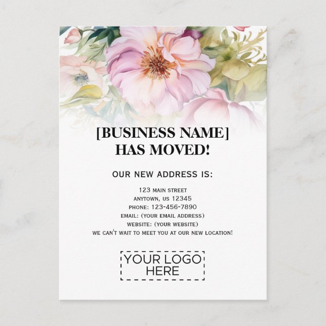 Logo Flowers Business Moving Announcement Postcard (Front)
