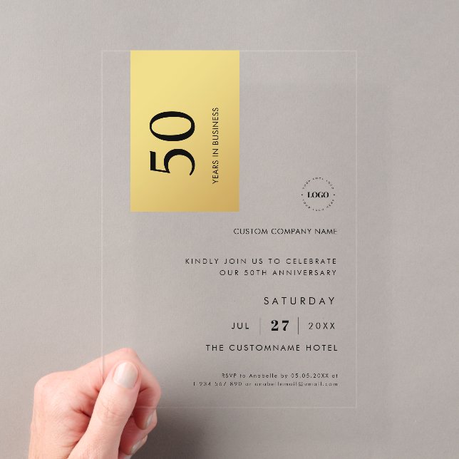 Logo Gold Colour Block Business Anniversary Party Acrylic Invitations (Insitu (Handheld))
