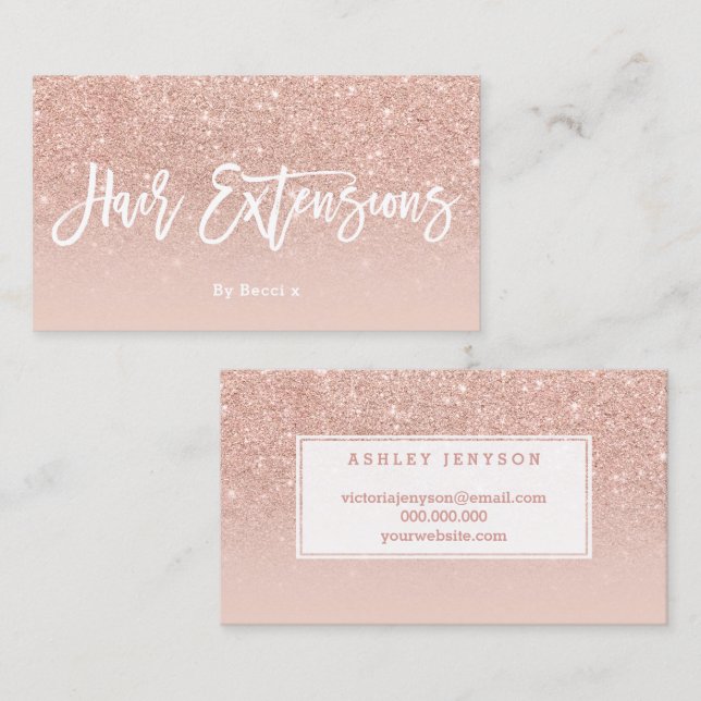 Logo hair typography blush rose gold glitter business card (Front/Back)
