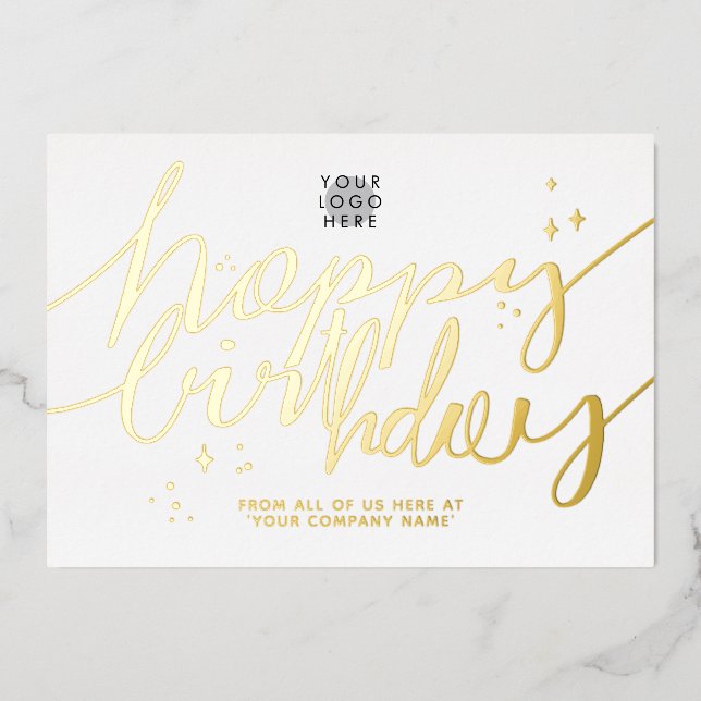 Logo Hand Script Business Birthday Gold Foil Card (Front)
