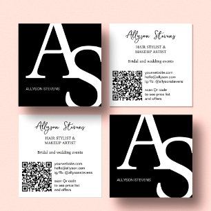 Logo initials Black white bold makeup qr code Square Business Card