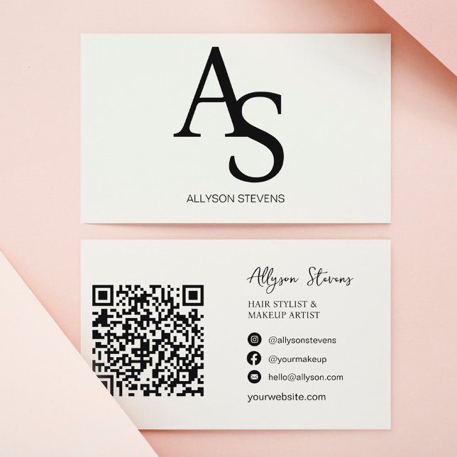 Logo initials Black white hair makeup qr code Business Card (Creator Uploaded)
