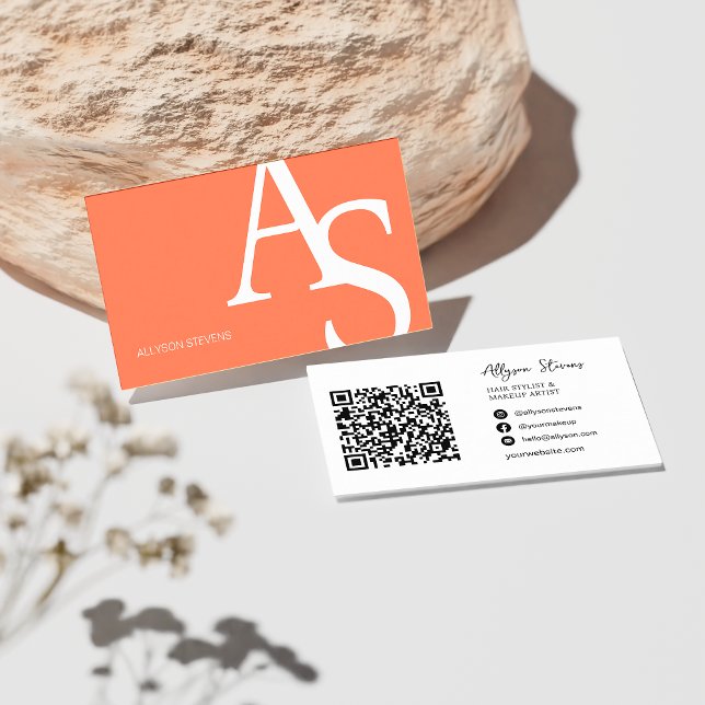 Logo initials coral orange bold makeup qr code business card (Logo initials neon pink bold makeup qr code business card coral orange)
