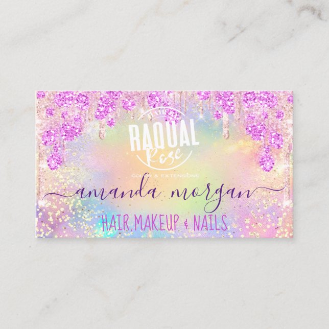 Logo Lash Hair Makeup Nails Glitter Drip Gold Pink Business Card (Front)
