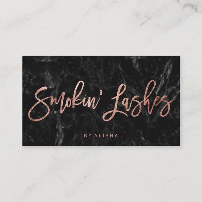 Logo lashes script faux rose gold black marble business card (Front)