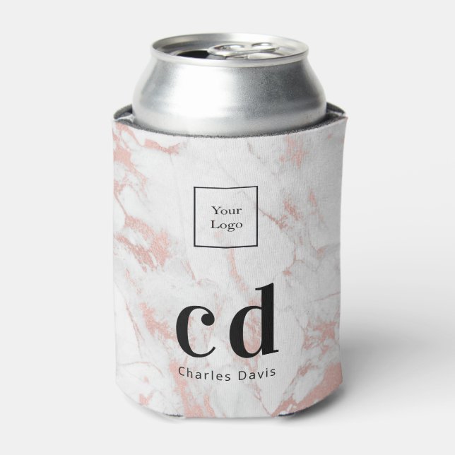 Logo marble rose gold white business monogram can cooler (Can Front)