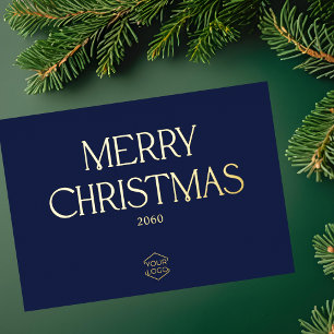 Logo Merry Christmas Business Corporate Navy Blue Foil Holiday Card