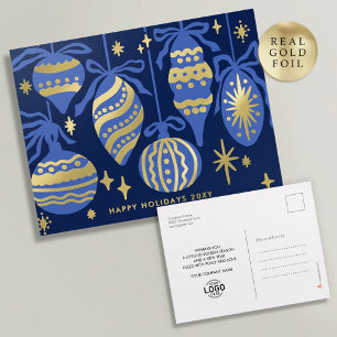 Logo Modern Chic Navy Blue Decor Business Gold Foil Holiday Postcard