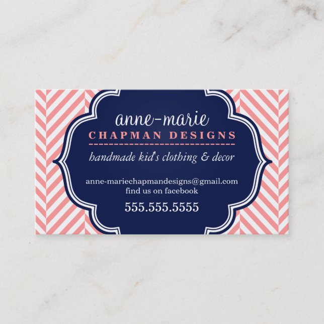 LOGO modern herringbone pattern coral badge navy Business Card (Front)