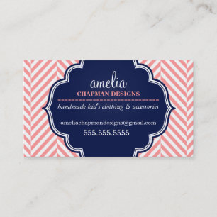 LOGO modern herringbone pattern coral badge navy Business Card