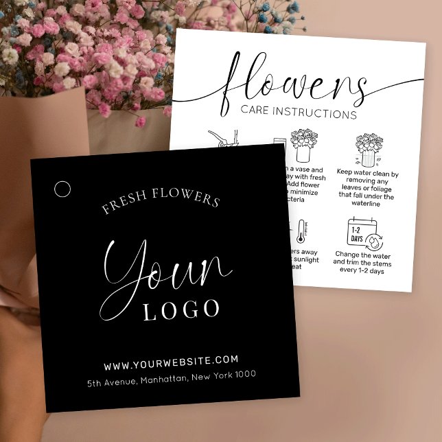 Logo moderne Bouquet Guide de soins Floriste Hang  (Minimalist black and white flowers care instructions hang tags with icons and your logo)