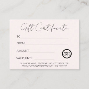 Logo Moderne Elegant Blush Pink Certificat cadeau