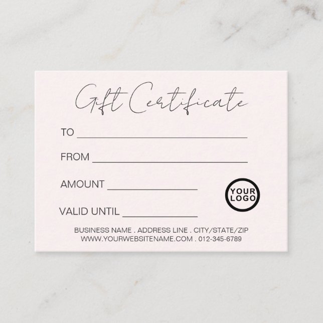 Logo Moderne Elegant Blush Pink Certificat cadeau (Devant)