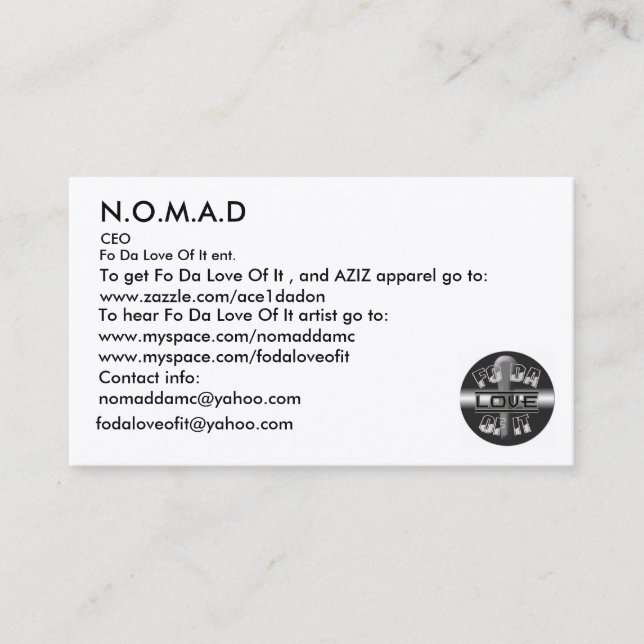 Logo, N.O.M.A.D, To hear Fo Da Lov... - Customized Business Card (Front)