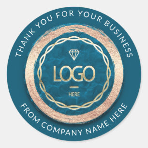 Logo Name Web Thank You Teal Blue Golden Frame Classic Round Sticker
