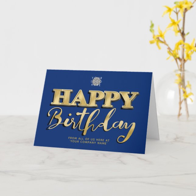 Logo Navy Blue Gold Lettering Business Birthday  Card (Yellow Flower)