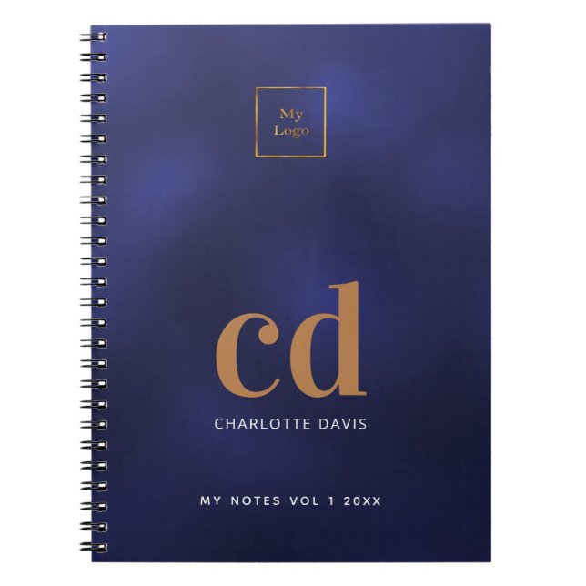 Logo navy blue gold monogram initial business note notebook (Front)