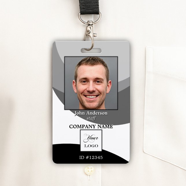 Logo noir et blanc - Badge d'identification photo (Photo ID badge featuring a black and white design with a space for your custom photo and logo)