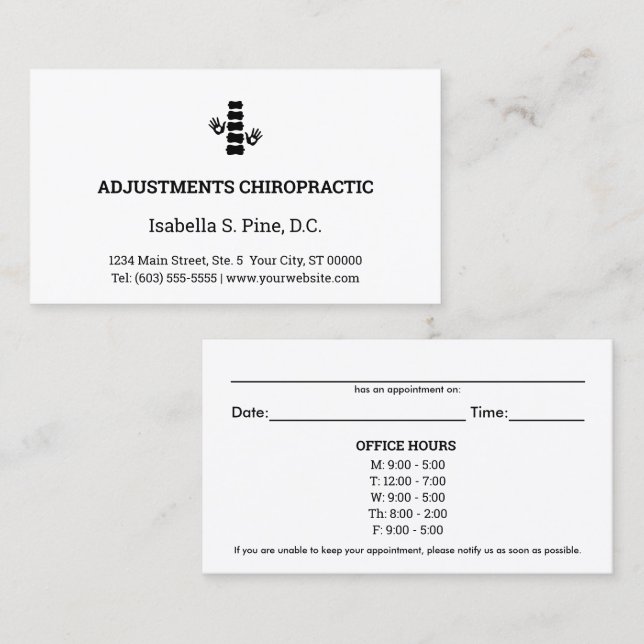 Logo & Office Hours Chiropractic Appointment Cards (Front/Back)