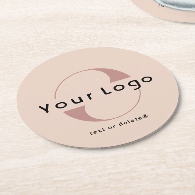 Logo on Blush Beige + Black Text Company Business  Round Paper Coaster (Angled)