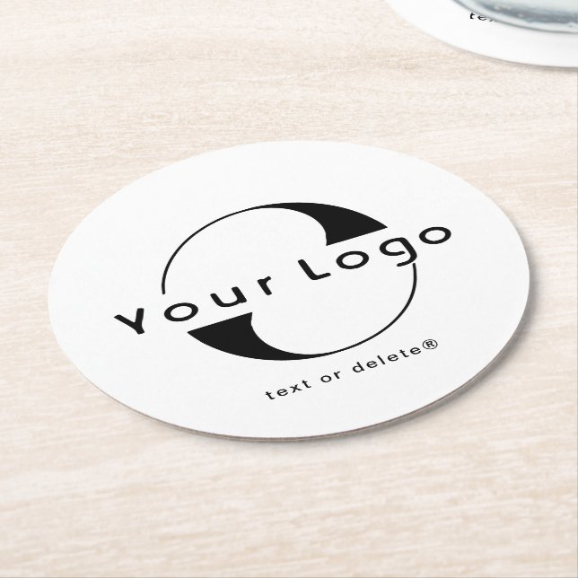 Logo on Clean + Black Text Company Business Round  Round Paper Coaster (Angled)