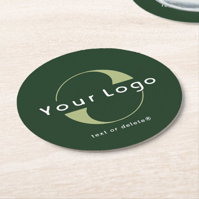 Logo on Dark Green + White Text Company Business R Round Paper Coaster (Angled)