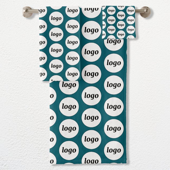 Logo Pattern Business Branding Teal Green Bath Towel Set (Simple logo pattern business promotional towel set for hospitality, sponsorship, customers & clients)