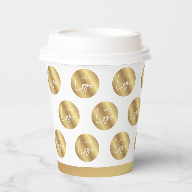 Logo Pattern Faux Gold Company Branded Event Paper Cups (Front)
