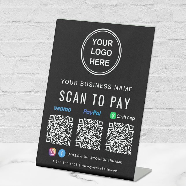 Logo Paypal Venmo CashApp QR Codes Black Pedestal Sign (A QR code sign to effortlessly connect your customers to your payment platforms)