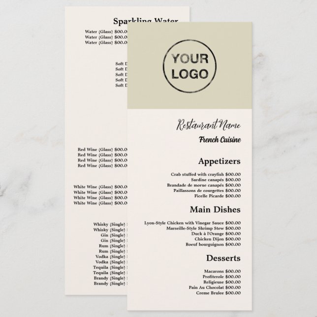 Logo personnel, Menu mince pour restaurant (Devant / Derrière)