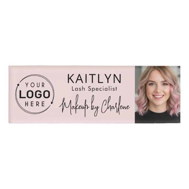 Logo Photo Blush Pink Script Makeup Name Tag (Front)