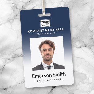 Logo photo dark blue white  employee name title id badge