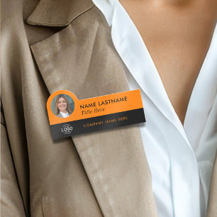 Logo Photo ID Title Modern Orange Black Business Name Tag