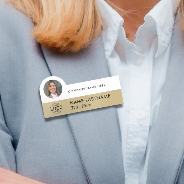 Logo Photo Professional Gold Beige Business Name Tag (Creator Uploaded)