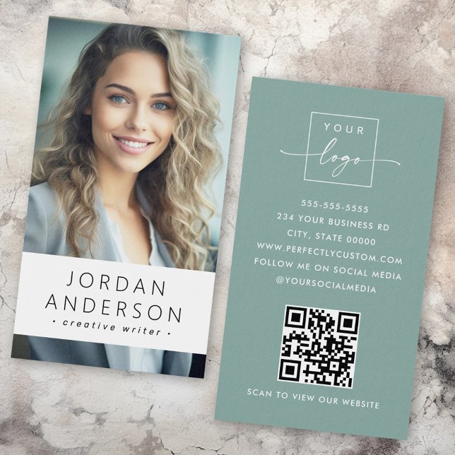 Logo photo QR code poussiéreux carte de visite ver (Photo logo QR code dusty sea green business card)