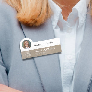 Logo Photo Stylish Simple Beige White Business Name Tag