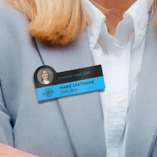 Logo Photo Stylish Sleek Sky Blue Black Business Name Tag