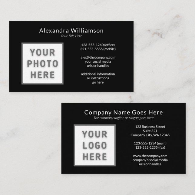 Logo Photo Template Front Back Black White Business Card (Front/Back)