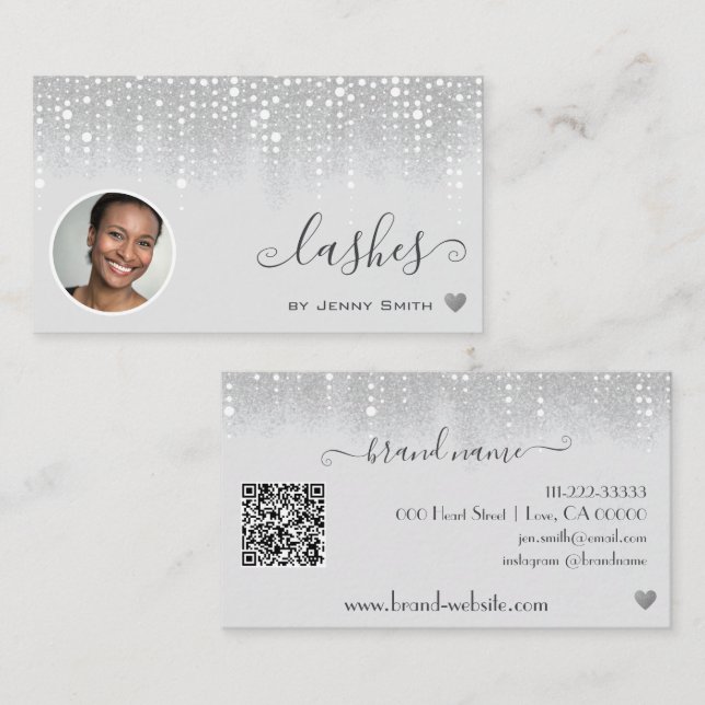 Logo Photo Template Pretty Silver Glitter Rain Business Card (Front/Back)