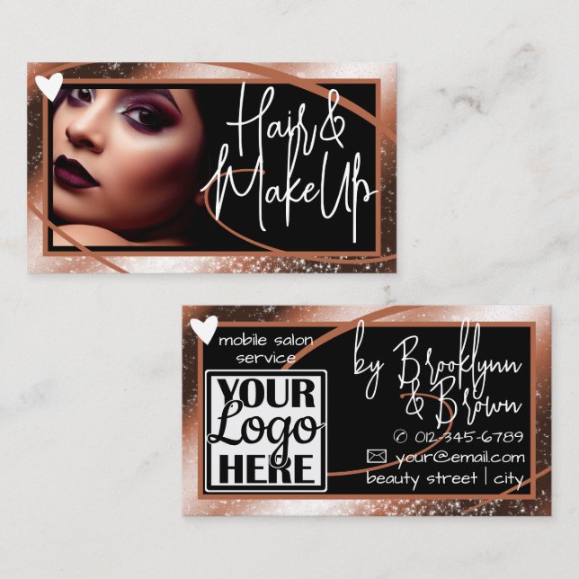 Logo Photo Template Stylish Brown Frame Heart Luxe Business Card (Front/Back)