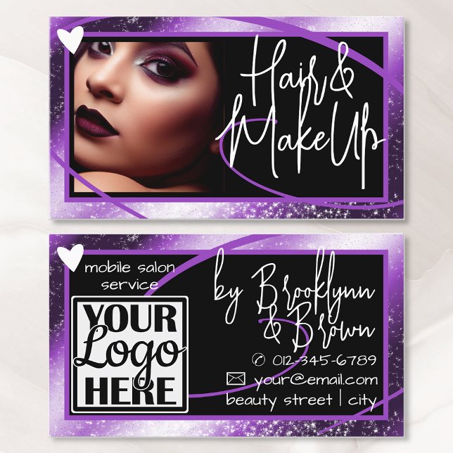 Logo Photo Template Stylish Lilac Frame Heart Luxe Business Card (Creator Uploaded)