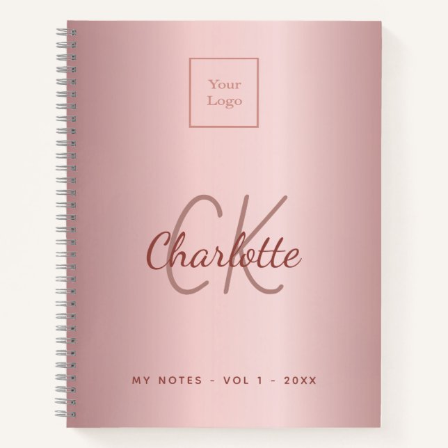 Logo pink monogram metal elegant business notebook (Front)