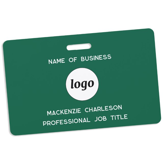 Logo Professional Business Forest Green Name Badge (Simple logo with custom text business branding promotional employee staff represantative name badge)