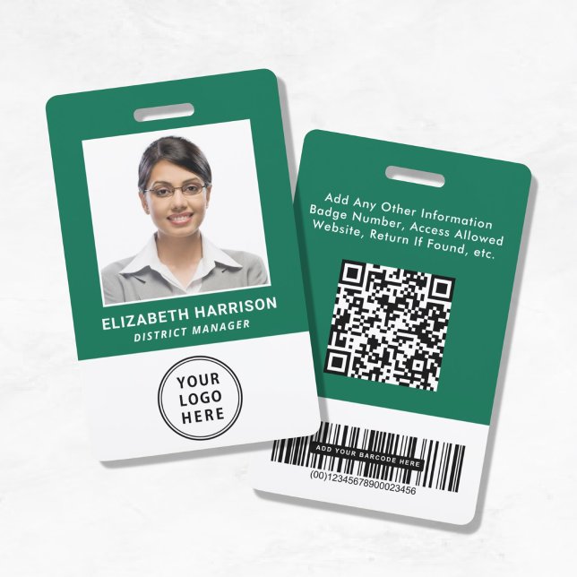 Logo QR Bar Codes Green Employee Photo ID Badge (Creator Uploaded)
