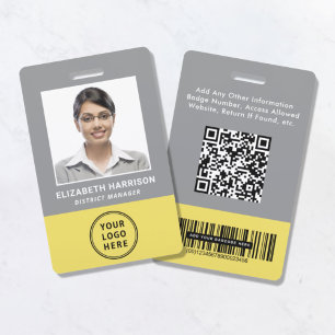 Logo QR Bar Codes Grey Yellow Employee Photo ID Badge