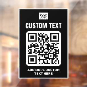 Logo, QR code and custom text black and white Window Cling
